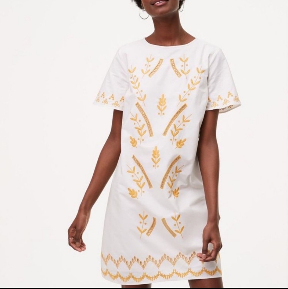Ann Taylor LOFT Embroidered Peasant Dress Gilded Garden Shift